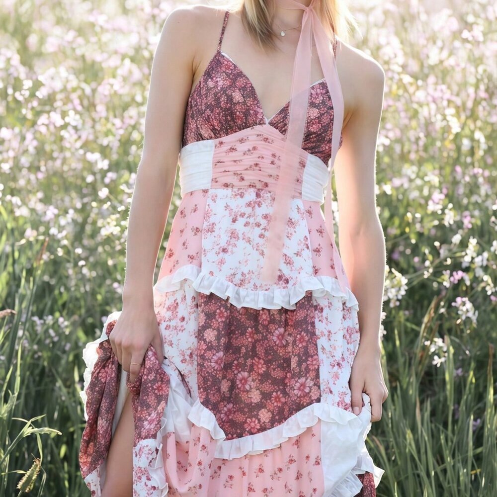 Brown Boho Women's Floral Maxi Dress with Lace Patchwork and Ruffle Details
